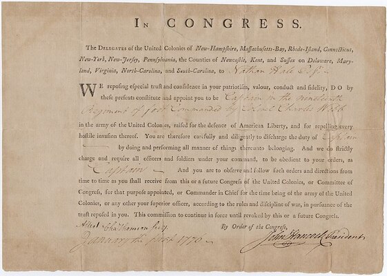Document commissioning Nathan Hale a captain in the nineteenth regiment of foot commanded by Colonel Charles Webb. Signed by John Hancock. Dated 1 January 1776. 23.7 cm. x 33.6 cm.