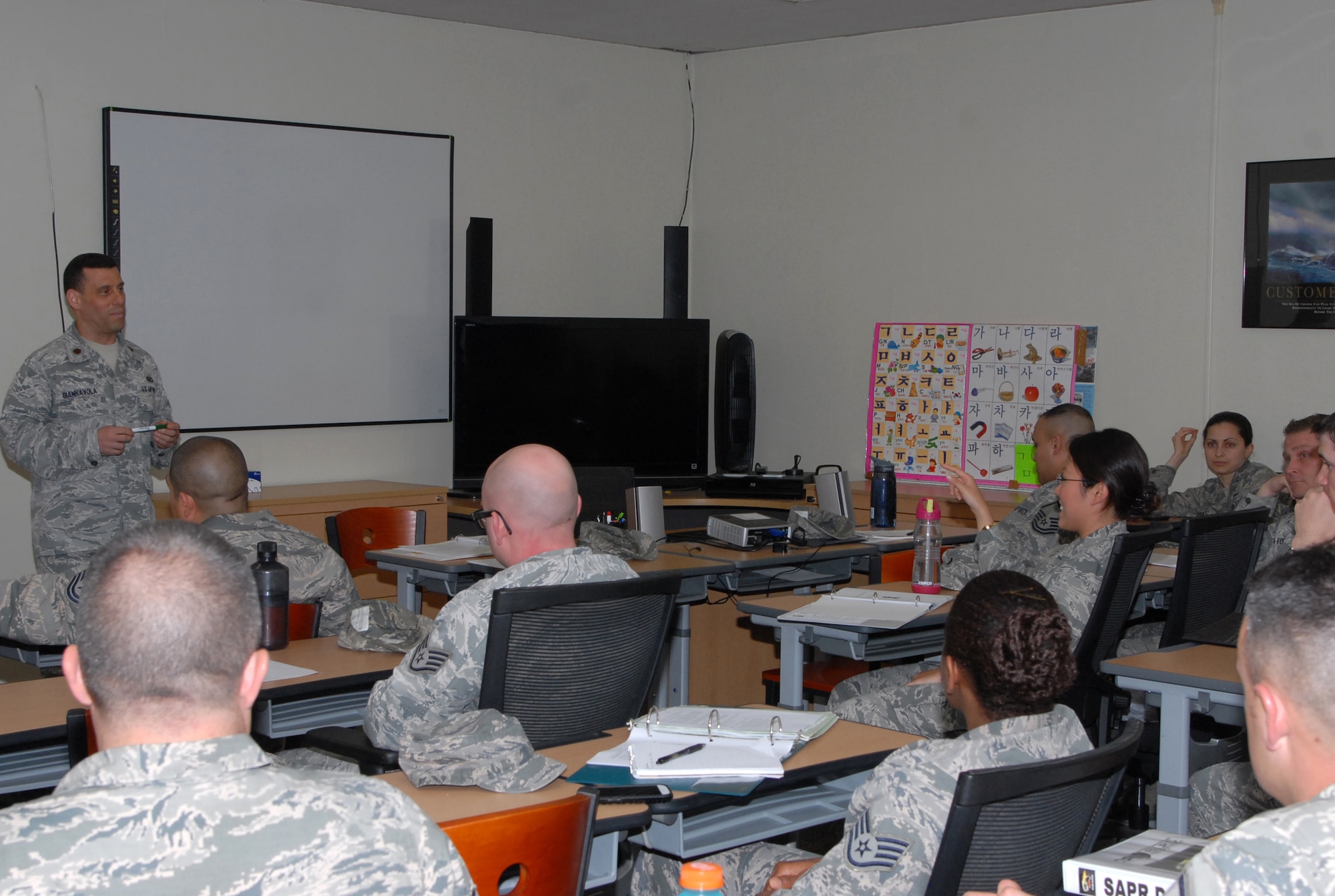 Major Daniel Giannavola, 8th Fighter Wing Sexual Assault Response coordinator, briefs facilitators during Sexual Assault Prevention and Response stand-down day training at Kunsan Air Base, Republic of Korea, May 1, 2014. The training focused on identifying predators and perpetrators versus focusing on victims and victim care. (U.S. Air Force photo by Master Sergeant Sabrina Johnson/Released) 
