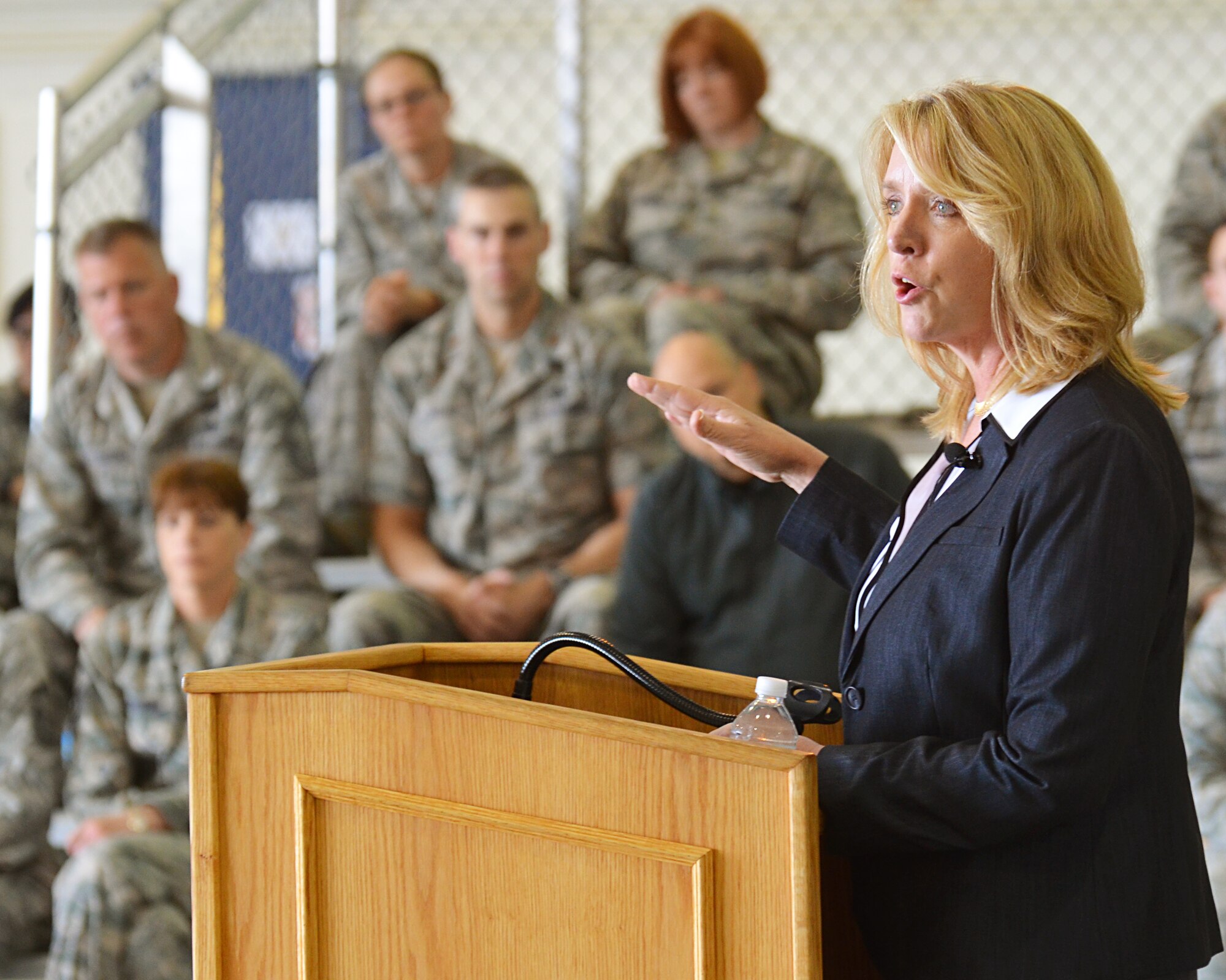 Secretary of the Air Force Deborah Lee James spoke to Airmen and held a question and answer session in the Base Hangar during her visit to Westover Air Reserve Base, Chicopee, Massachusetts, May 2. Secretary James met with congressional delegates and also toured the base with Lt. Gen. James Jackson, Chief of Air Force Reserve, Col. Jeffrey F. Hancock, base vice commander and Westover’s Command Chief Master Sergeant David F. Carbin. (U.S. Air Force photo by Tech. Sgt. Brian P. Boynton)