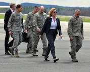 Secretary of the Air Force Deborah Lee James is greeted upon her arrival at Westover Air Reserve Base, Chicopee, Massachusetts, May 2, by Lt. Gen. James Jackson, Chief of Air Force Reserve, Col.  Jeffrey F. Hancock, base vice commander, and Chief Master Sergeant David F. Carbin, 439th Airlift Wing command chief.  During her visit, Secretary James toured the base, spoke with Airmen, held a question and answer session in the Base Hangar and met with congressional delegates. (U.S. Air Force photo by Tech. Sgt. Brian P. Boynton)