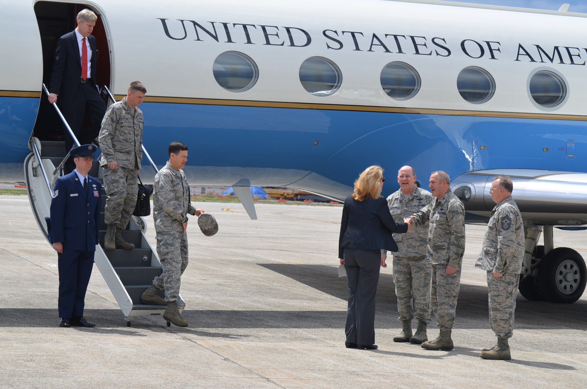 Secretary of the Air Force Deborah Lee James is greeted upon her arrival at Westover Air Reserve Base, Chicopee, Massachusetts, May 2, by Lt. Gen. James Jackson, Chief of Air Force Reserve, Col.  Jeffrey F. Hancock, base vice commander, and Chief Master Sergeant David F. Carbin, 439th Airlift Wing command chief.  During her visit, Secretary James toured the base, spoke with Airmen, held a question and answer session in the Base Hangar and met with congressional delegates. (U.S. Air Force photo by Tech. Sgt. Brian P. Boynton)