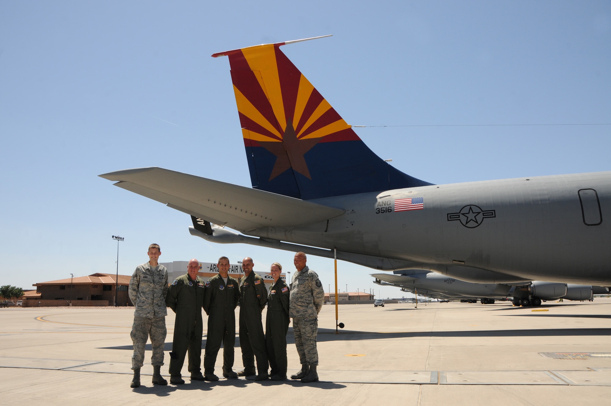 The 161st Air Refueling Wing, Arizona Air National Guard, Phoenix, launched a KC-135 Stratotanker on short notice, in support of a rescue mission of two critically injured sailors aboard a Venezuelan fishing boat in the Pacific Ocean. Along with the 161 ARW, the 563rd Rescue Group deployed two Combat King II aircraft, three HH-60 Pavehawk helicopters and ten Guardian Angel Personnel, with 38 Airmen from the 48th, 79th and 55th Rescue Squadrons . The tanker from the 161 ARW enabled the Combat King II and Guardian Angel Teams to proceed directly to the vessel in order to provide lifesaving care. Aircrew from the 161 ARW included: (from left to right) Senior Airman Blake French, Senior Master Sgt. Jeff Madorski, Capt. Britton Bates, Maj. Erik Wichmann, 1st Lt. Julie Keeney and Master Sgt. Dennis Abraham. (U.S. Air National Guard photo by Master Sgt. Kelly Deitloff/Released)