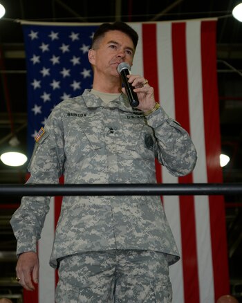 Utah Adjutant General, Maj. Gen. Jefferson Burton addresses the Utah Air National Guard at the beginning of Wingman Day.  The UTANG holds Wingman Day annually to give their Airmen a chance to learn how to take better care of themselves physically, mentally, emotionally and spiritually.  Burton reminded the Airmen that today was a day for them to take care of themselves from the neck up. (Utah Air National Guard Photo by TSgt Kelly Collett/Released)