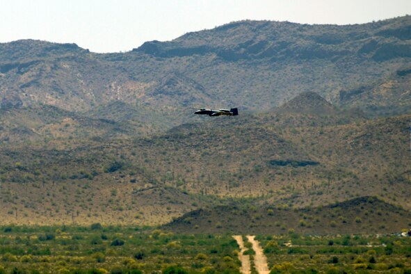 140502-Z-EZ686-077 — An A-10 Thunderbolt II aircraft flown by the 107th Fighter Squadron from Selfridge Air National Guard Base Mich.,  preforms flight operations during the 2014 operation Snowbird/Angel Thunder training mission at Davis-Monthan Air Force Base, Tucson, Ariz., May 2, 2014. The exercises allow the Selfridge Airmen to train in a variety of combat and search and rescue scenarios. (U.S. Air National Guard photo by MSgt. David Kujawa/Released)