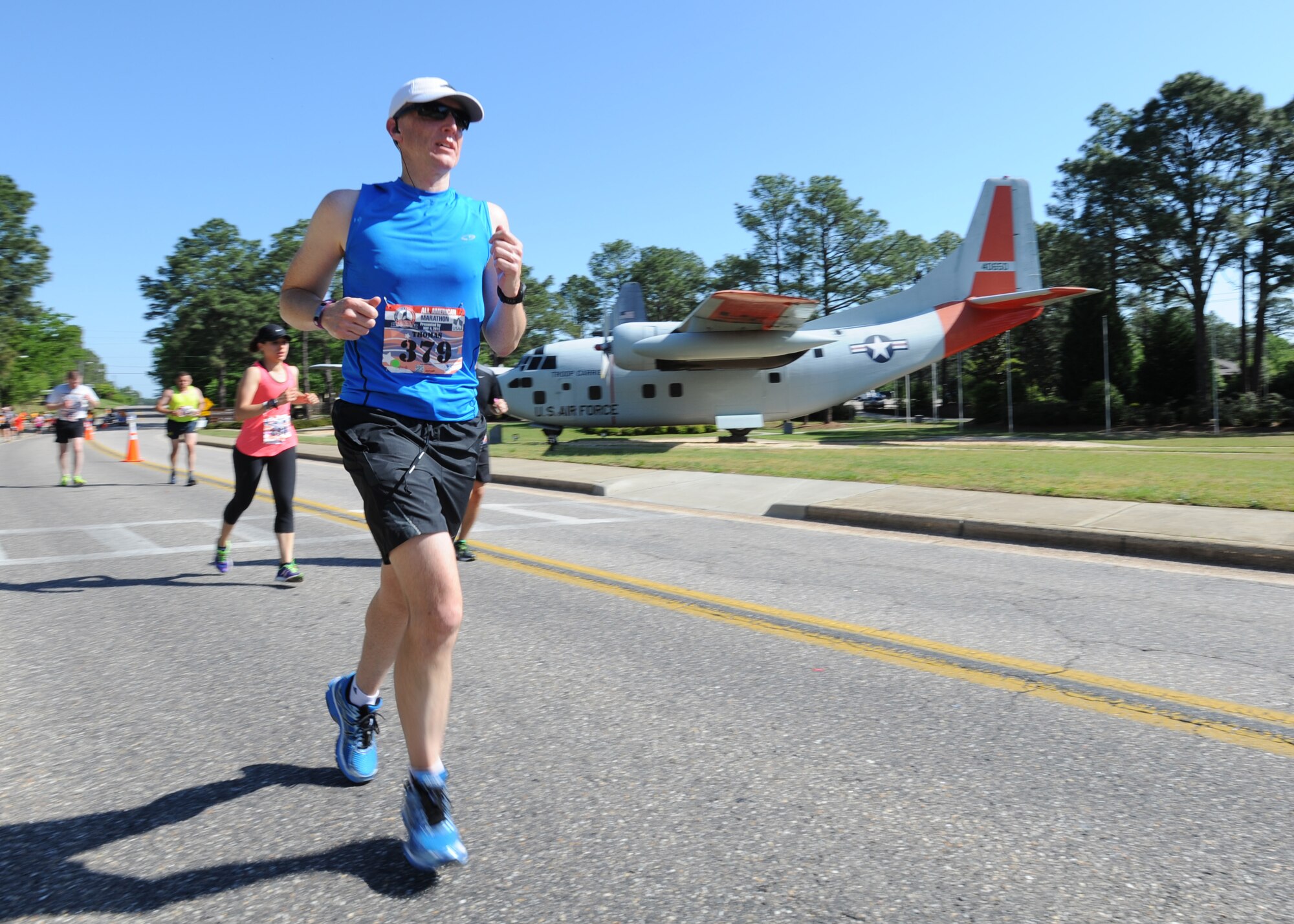 U.S. Air Force Master Sgt. Thomas Yurchak, 440th Logistics Readiness Squadron, runs through Pope Field, N.C., during the inaugural running of the All-American Marathon on May 4, 2014.  More than 780 runners signed up for the All American Marathon and 500 for the 5K, said race organizers. (U.S. Air Force photo by Tech. Sgt. Peter R. Miller)