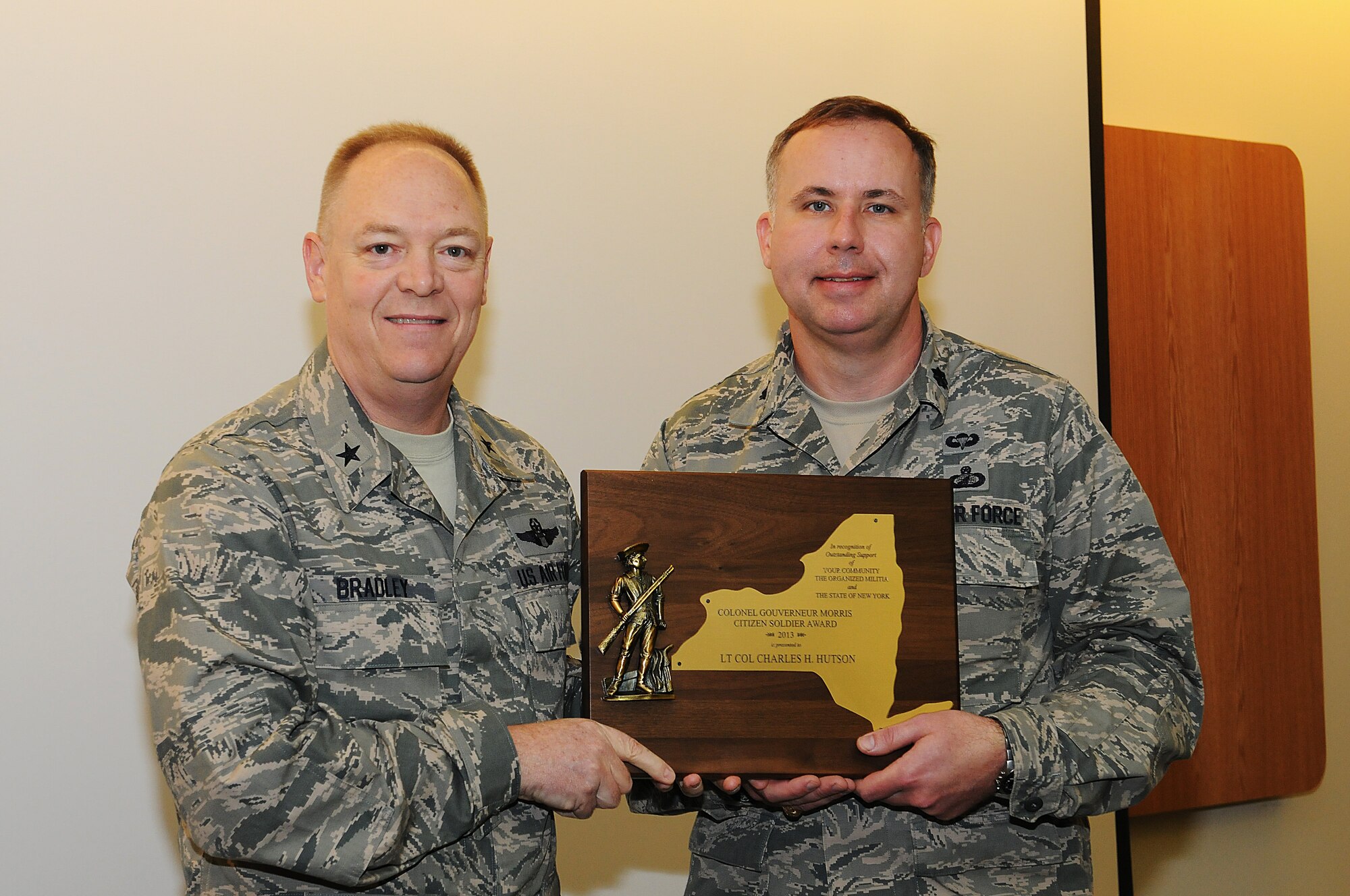 May 3, 2014, Lt. Col. Charles H. Hutson was presented with the Colonel Gouverneur Morris Citizen Soldier Award by Brigadier General Kevin W. Bradley for his dedication and service to his community.  (Photo by New York Air National Guard Tech. Sgt. Justin A. Huett)