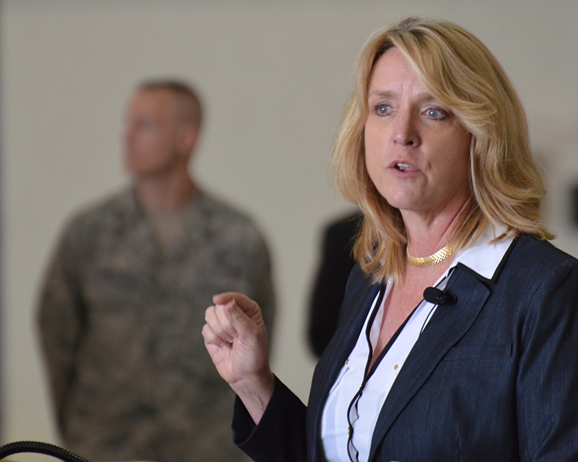 Secretary of the Air Force Deborah Lee James addresses members of the Patriot Wing at the Base Hangar during her visit to Westover, May 2.