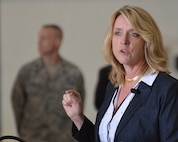 Secretary of the Air Force Deborah Lee James addresses members of the Patriot Wing at the Base Hangar during her visit to Westover, May 2.