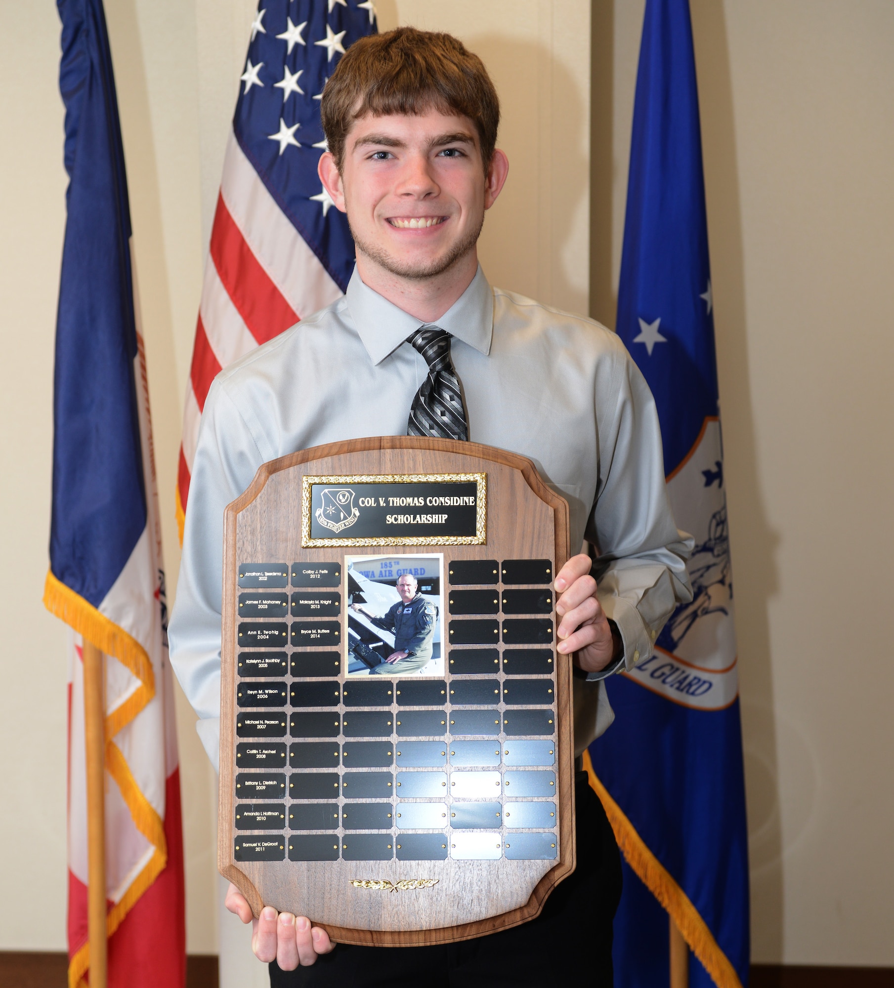 Bryce Butters, son of the late Tech. Sgt. Bill Butters, was awarded the Colonel V. Thomas Considine Scholarship which is awarded to dependents of active members or retired members of the 185th Air Refueling Wing. After graduating from Woodbury Central High School in Moville, Iowa, Butters will be attending Iowa State University to study engineering. His father inspired him to join the Iowa National Guard as well.  U.S Air Guard Photo by: Technical Sgt. Oscar Sanchez/ Released.