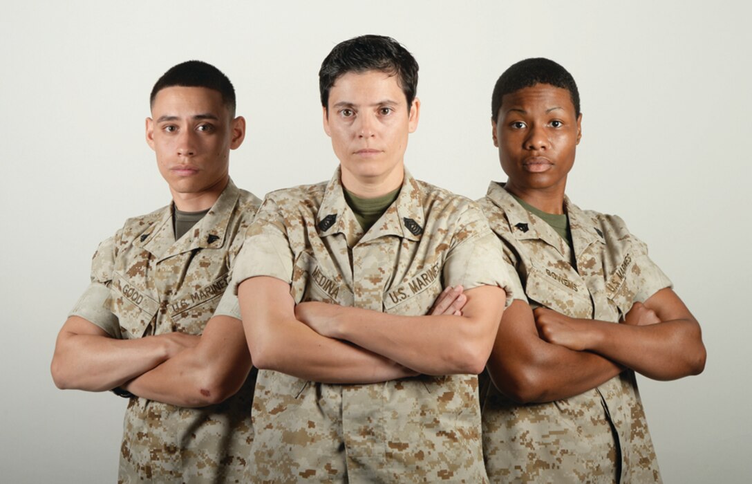 Master Sgt. Alejandra Medina, retail chief, Marine Corps Exchange (center); Sgt. Stephanie Bowens, postal clerk, Official Mailroom (right); and Cpl. Franklin Good, administrative specialist, Military Personnel Center; all with Marine Corps Logistics Base Albany, will travel to Camp Lejeune, North Carolina, Saturday, to attend a casting call for Marine Corps Recruiting Command. The casting call is being held to identify Marines to be featured in several different initiatives including a new television commercial, video and photo shoots across several installations, social media campaigns and community engagement events.