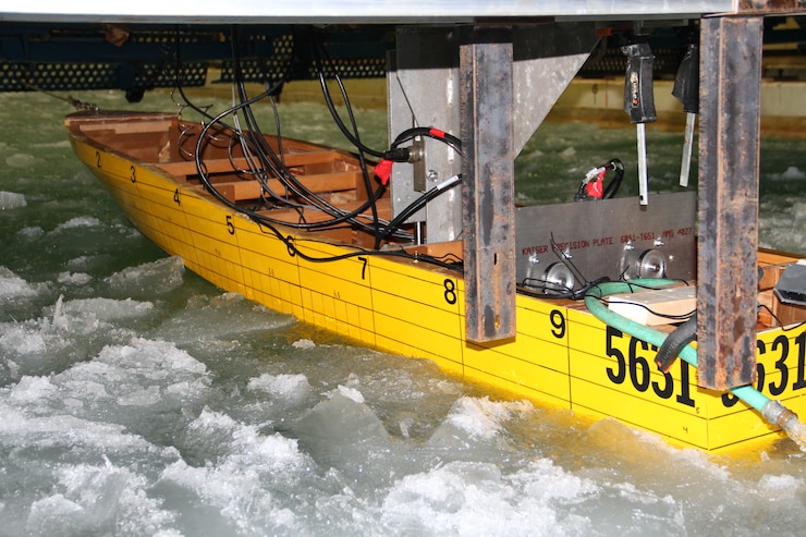 CRREL conducts a scaled physical model study for the U.S. Coast Guard in 2013 to study the capabilities, limitations, and potential design improvements to the Coast Guard’s personnel rescue vessels in seasonal sea ice conditions encountered in coastal Alaska.