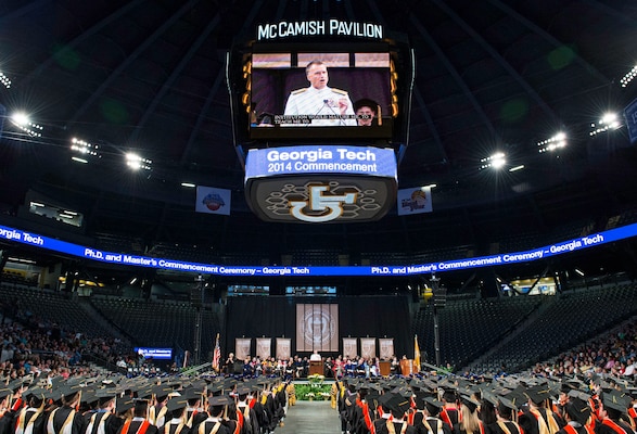 Vice Chairman of the Joint Chiefs of Staff Admiral James A. Winnefeld, Jr. speaks to Georgia Tech Ph.D. and Masters graduates during the school's 247th Commencement ceremony, in Atlanta, May 2, 2014. Admiral Winnefeld graduated from Georgia Tech in 1978 with high honors in Aerospace Engineering before receiving his commission via the Navy Reserve Officer Training Corps program.
