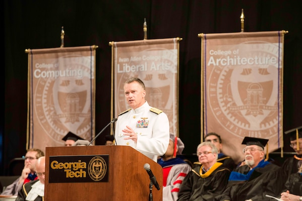 Vice Chairman of the Joint Chiefs of Staff Admiral James A. Winnefeld, Jr. speaks to Georgia Tech Ph.D. and Masters graduates during the school's 247th Commencement ceremony, in Atlanta, May 2, 2014. Admiral Winnefeld graduated from Georgia Tech in 1978 with high honors in Aerospace Engineering before receiving his commission via the Navy Reserve Officer Training Corps program.