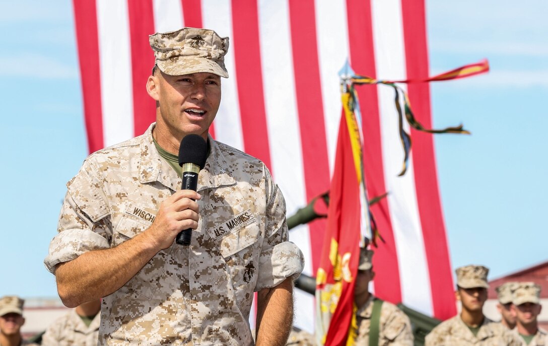 Lieutenant Col. William D. Wischmeyer, executive officer, 15th Marine Expeditionary Unit, reflects on his time in the Corps during his retirement ceremony aboard Camp Pendleton, Calif., May 1, 2014. Wischmeyer, 48, is from Clay, S.D. (U.S. Marine Corps photo by Cpl. Emmanuel Ramos/Released)