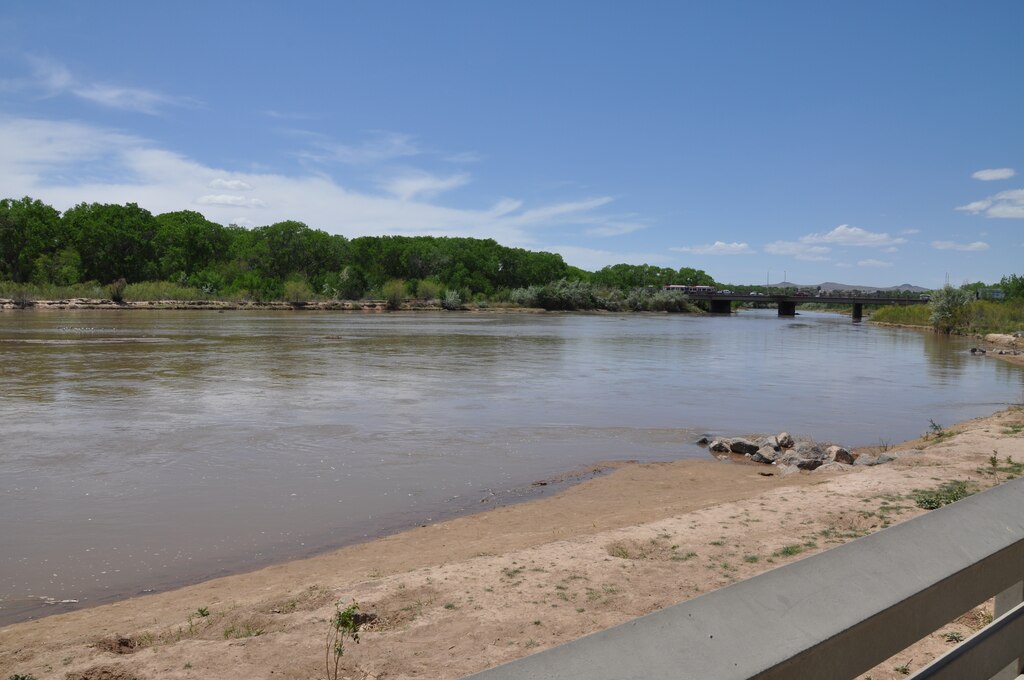 ALBUQUERQUE, N.M., -- Photo of the Rio Grande from Tingley Beach at Central Bridge, May 5, 2014. The photo shows the river before flows increase in an effort to help the Rio Grande silvery minnow spawn.  