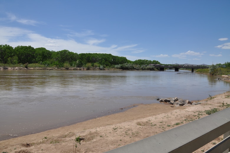 ALBUQUERQUE, N.M., -- Photo of the Rio Grande from Tingley Beach at Central Bridge, May 5, 2014. The photo shows the river before flows increase in an effort to help the Rio Grande silvery minnow spawn.  