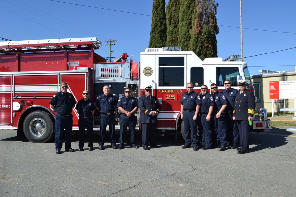 Firefighters attend a ground breaking ceremony for renovations to their fire station at Military Ocean Terminal Concord in Concord, Calif., April 16, 2014. The U.S. Army Corps of Engineers Sacramento District is working with MOTCO to modernize infrastructure throughout the critical military port.