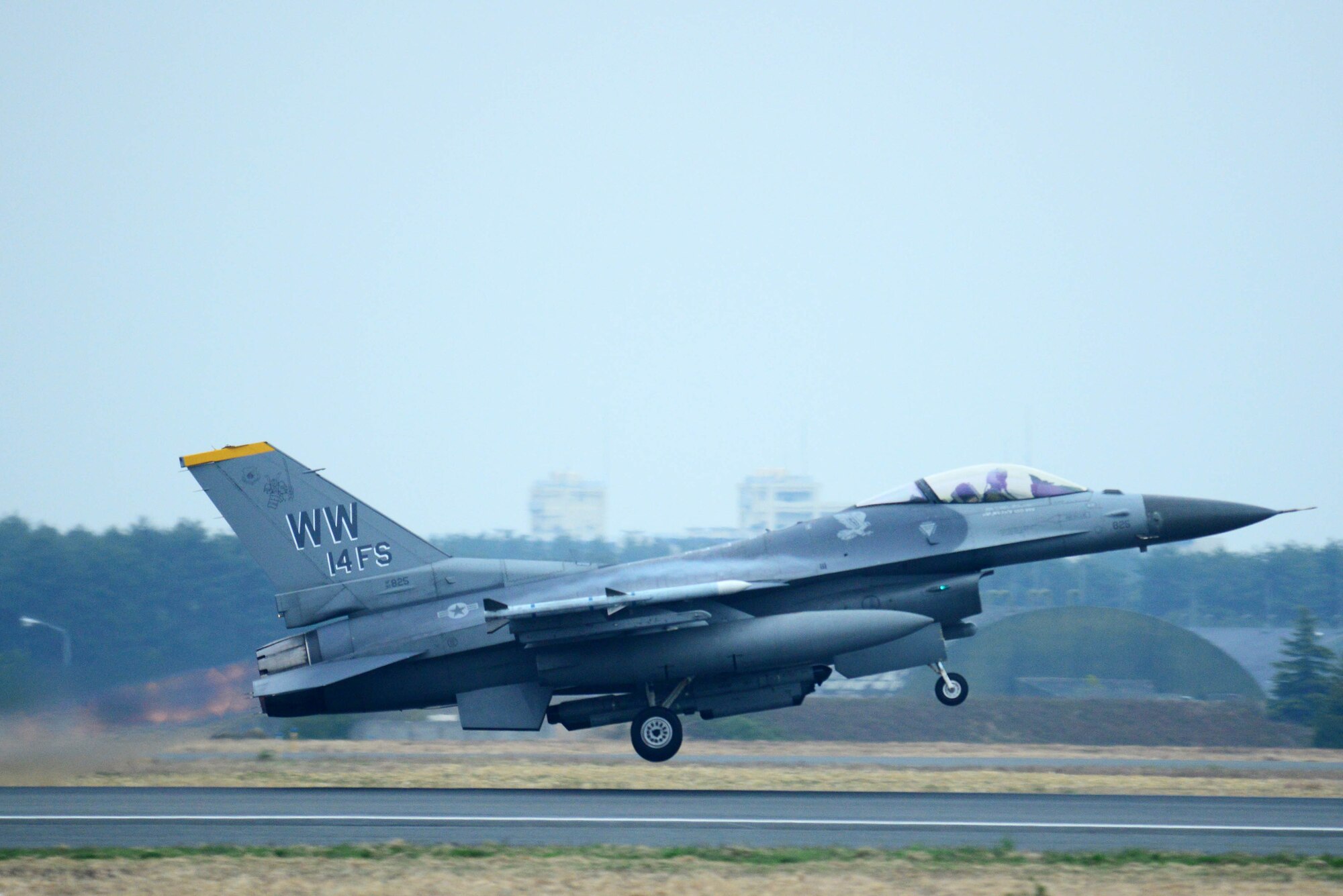 A U.S. Air Force F-16 Fighting Falcon takes off for a sortie during Phase II of an Operational Readiness Exercise at Misawa Air Base, Japan, May 5, 2014. During an ORE, these F-16s increase PACAF’s capabilities to ensure freedom of movement in the pacific. (U.S. Air Force photo/Senior Airman Derek VanHorn)