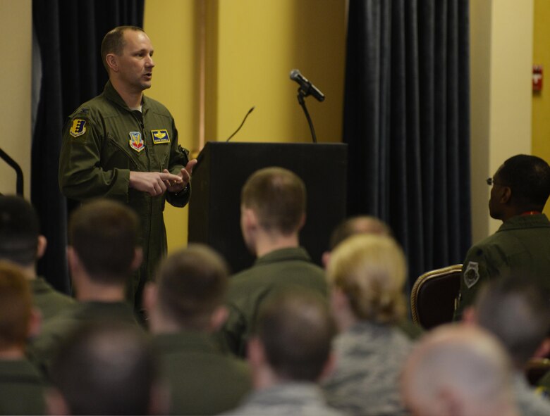 Col. Gentry Boswell, 28th Bomb Wing vice commander, speaks to Airmen during a commanders call at the Dakotas Club at Ellsworth Air Force Base, S.D., April 25, 2014. Boswell visited each group commander’s call to emphasize the importance of the Sexual Assault Prevention and Response program. (U.S. Air Force photo by Airman 1st Class Rebecca Imwalle/Released)