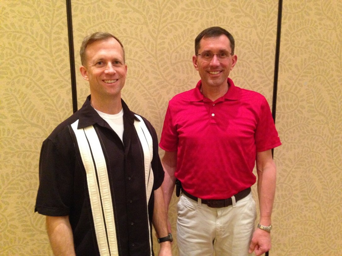Col. Hubert C. Hegtvedt (left), commander of the 442nd Fighter Wing at Whiteman AFB, Mo., and Chief Master Sgt. Jim Nudd, the unit's command chief, attend a Yellow Ribbon training weekend in California with 442nd Airmen prior to a mass deployment to Afghanistan. The Air Force Reserve program promotes the well-being of reservists and their families by connecting them with resources before and after deployments. Hegtvedt has commanded the 442nd since April 2013, while Nudd has been its senior enlisted leader since June 2012. (U.S. Air Force photo by Chief Master Sgt. Matt Proietti)