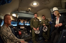 Secretary of the Air Force Deborah Lee James listens as Major Tim Robinson,
337th Airlift Wing C-5 pilot, explains the capabilities of the C-5 as well
as the missions he has flown with Westover Air Reserve Base. James was
treated to an in-depth tour of the C-5 and Regional Isochronal Dock during
her visit to Westover on May 2. (U.S. Air Force photo/SSgt. Kelly Goonan)