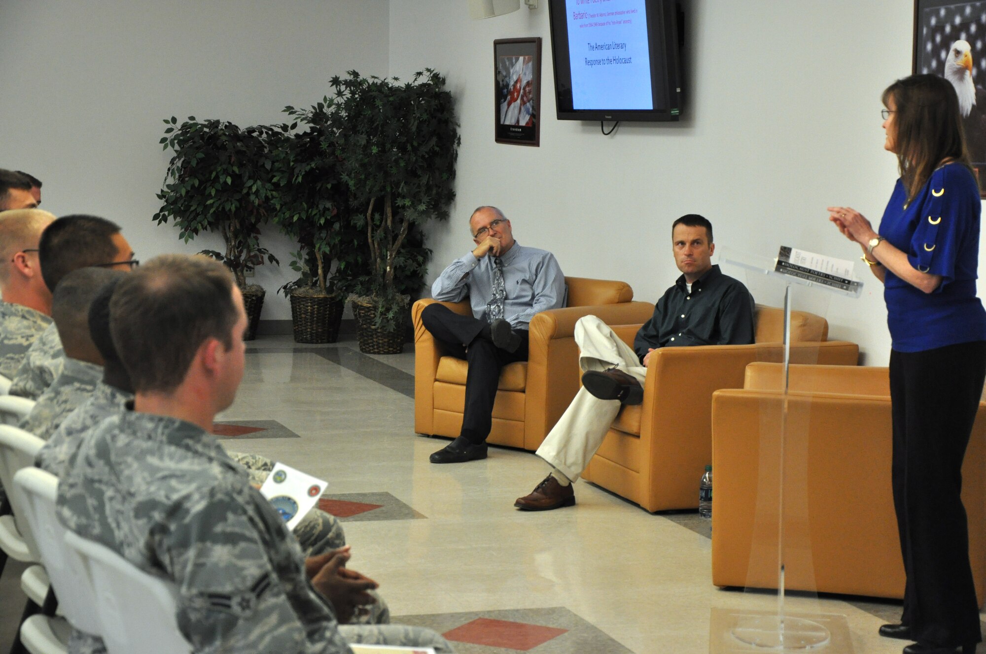 GOODFELLOW AIR FORCE BASE, Texas – Linda A. Kornasky, Angelo State University American literature professor, speaks during a panel for Holocaust Remembrance Week at the Fellowship Hall here April 29. Kornasky showed the audience several pieces of literature that reflect upon the Holocaust. (U.S. Air Force photo/ Senior Airman Joshua Edwards)