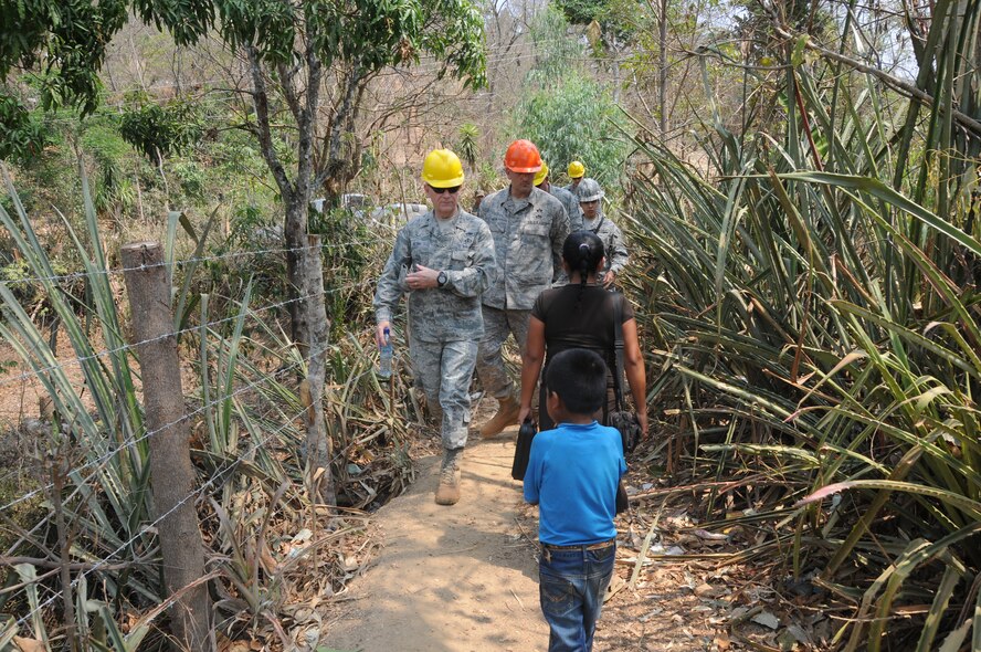 Brig. Gen. Mark Berry, Arkansas Air National Guard chief of staff, conducts a site visit with members of the 188th Civil Engineer Squadron in Guatemala April 15. The 188th Civil Engineering Squadron deployed to Guatemala in support of a U.S. Army South-led humanitarian mission called Beyond the Horizon.  The 188th Airmen were there to build a school in the remote town of El Robles, Guatemala. (U.S. Air National Guard photo by Maj. Heath Allen/released) 