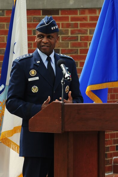 Gen. Darren W. McDew, Air Mobility Command commander, speaks May 5, 2014 during the AMC change of command ceremony at Scott Air Force Base, Illinois. Welsh officiated the ceremony where Gen. McDew assumed command of AMC from Gen. Paul J. Selva.(U.S. Air Force photo/Senior Airman Tristin English/RELEASED)