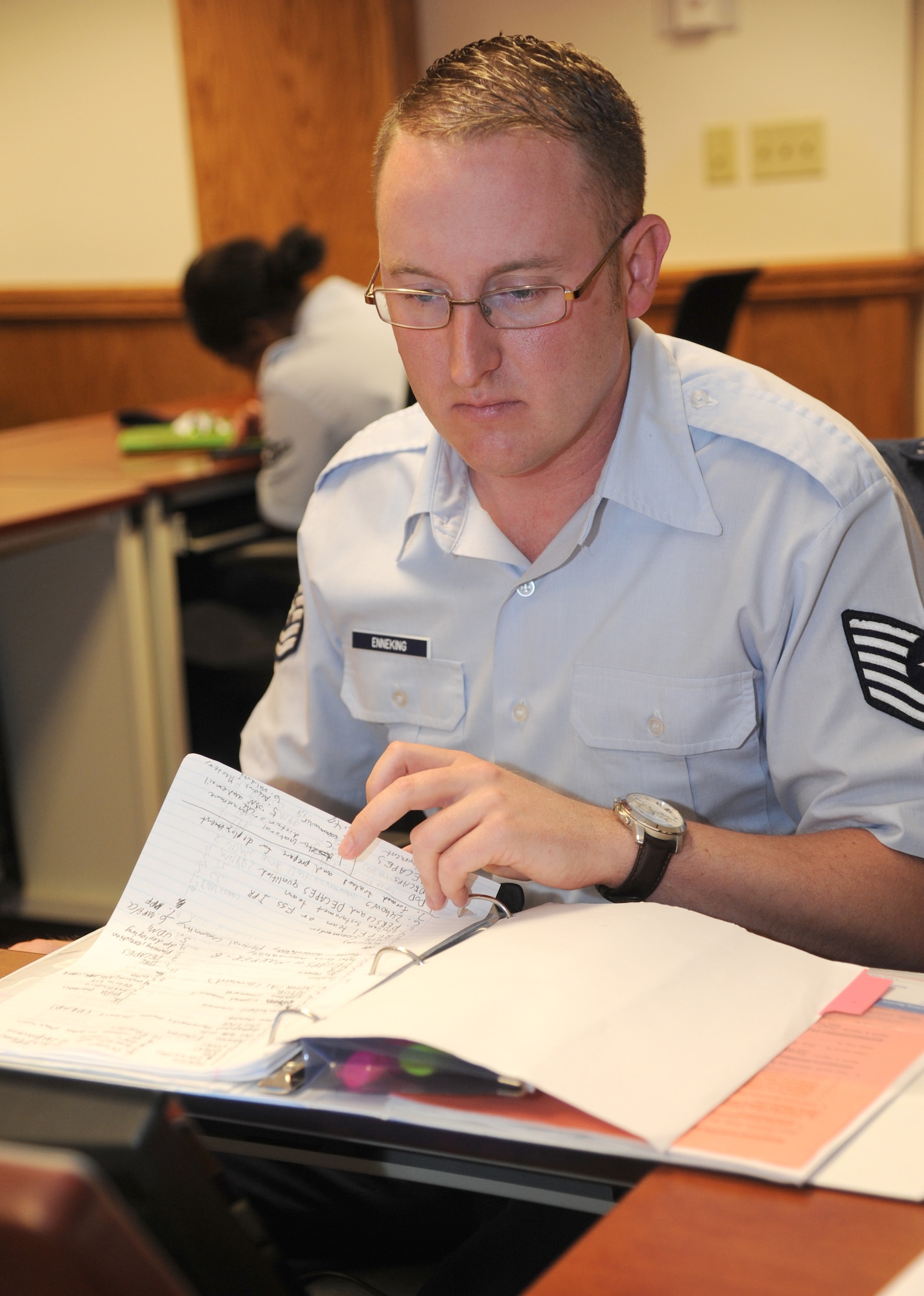 Tech. Sgt. Blake Enneking, 335th Training Squadron, completes classwork in the personnel apprentice course May 5, 2014, at Wolfe Hall, Keesler Air Force Base, Miss.  Enneking, from Warrensburg, Mo., graduated with perfect scores and will return to the 131st Force Support Squadron, Missouri Air Nation Guard, Whiteman Air Force Base, Mo.  (U.S. Air Force photo by Kemberly Groue)