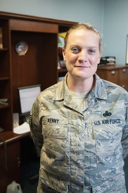Master Sgt. Victoria Kenny, of the 102nd Intelligence Wing's Fuels shop, stands in her office on 31 March, 2014. Sgt. Kenny recently became the new First Sergeant for the 102nd Mission Support Group. (National Guard photo by Master Sgt. Aaron Smith/Released)