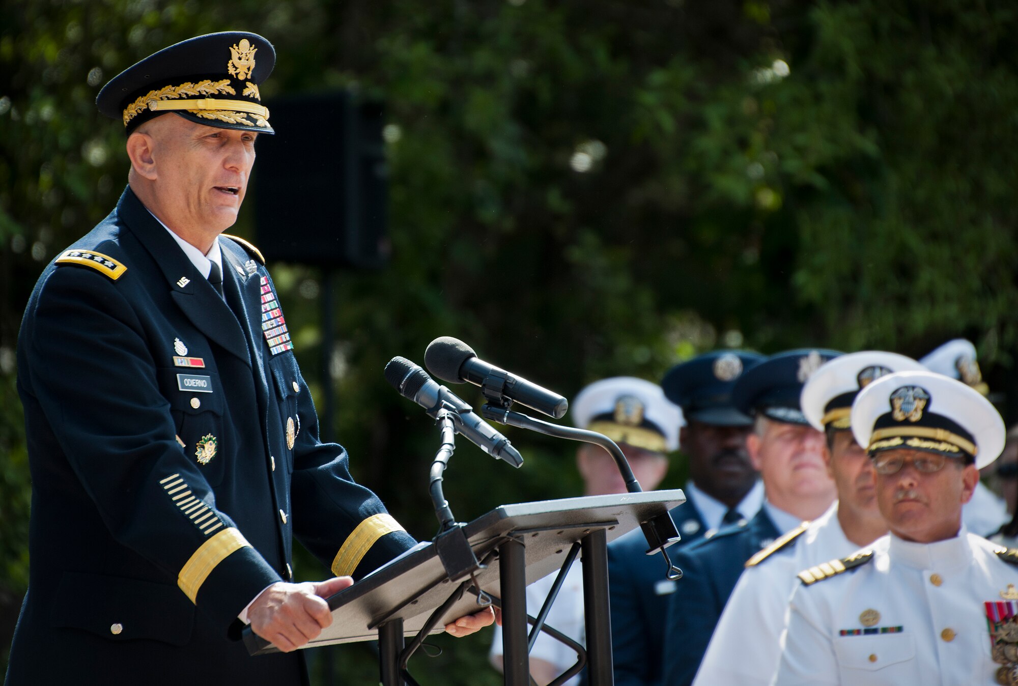 Army Chief of Staff Gen. Ray Odierno speaks to explosive ordnance disposal technicians from all services and their families during the 45th Annual EOD Memorial Ceremony May 3, at Eglin Air Force Base, Fla. Eight new names of Army and Marine EOD technicians, who lost their lives, were added to the Memorial Wall this year.  The all-service total now stands at 306. (U.S. Air Force photo/Tech. Sgt. Sam King)