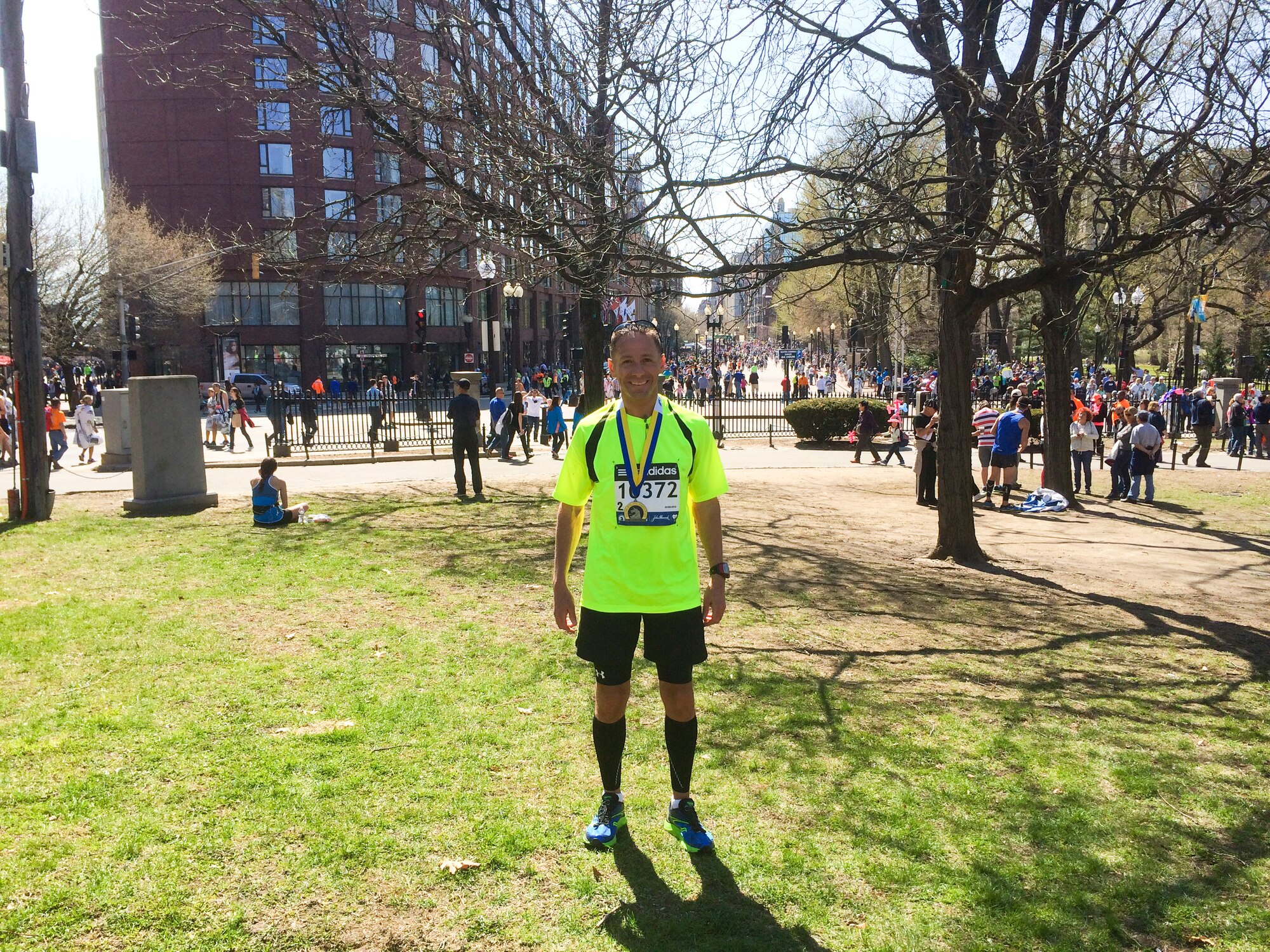 PETERSON AIR FORCE BASE, Colo. – Chief Master Sgt. Richard Redman, 21st Space Wing command chief and avid marathon runner, poses with his medal after completing this year’s running of the Boston Marathon April 21. With a finish time of 3 hours, 20 minutes and 56 seconds, Redman was more focused on enjoying and savoring the moment than he was about the race clock. (Courtesy photo)