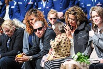 Family, friends, coworkers and neighbors of three fallen Fairchild Airmen who tragically perished one year ago in a KC-135 Stratotanker crash in northern Kyrgyzstan reflect during a memorial dedication ceremony in the Fairchild Memorial Grove Park at Fairchild Air Force Base, Wash., May 3, 2014. "Shell 77" crewmembers honored were Capt. Mark T. "Tyler" Voss, Capt. Victoria A. "Tori" Pinckney and Tech. Sgt. Herman "Tre" Mackey III. During the ceremony, a granite memorial featuring a centerpiece and three benches were unveiled honoring these three Airmen keeping their memory alive at Fairchild. (U.S. Air Force photo by Staff Sgt. Benjamin W. Stratton/Released)