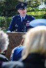 Col. Brian Newberry addresses family, friends, coworkers and neighbors of three fallen Fairchild Airmen who tragically perished one year ago in a KC-135 Stratotanker crash in northern Kyrgyzstan during a memorial dedication ceremony in the Fairchild Memorial Grove Park at Fairchild Air Force Base, Wash., May 3, 2014. "Shell 77" crewmembers honored were Capt. Mark T. "Tyler" Voss, Capt. Victoria A. "Tori" Pinckney and Tech. Sgt. Herman "Tre" Mackey III. During the ceremony, a granite memorial featuring a centerpiece and three benches were unveiled honoring these three Airmen keeping their memory alive at Fairchild. Newberry is the 92nd Air Refueling Wing commander. (U.S. Air Force photo by Staff Sgt. Benjamin W. Stratton/Released)