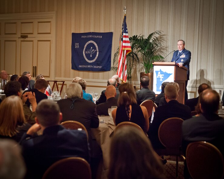 Gen. Mark Welsh, Chief of Staff of the U.S. Air Force, speaks at the Twin Cities Area Association of Graduates Founders Day dinner May 3 commemorating the 60th anniversary of the establishment of the U.S. Air Force Academy.  (U.S. Air Force photo/Shannon McKay)