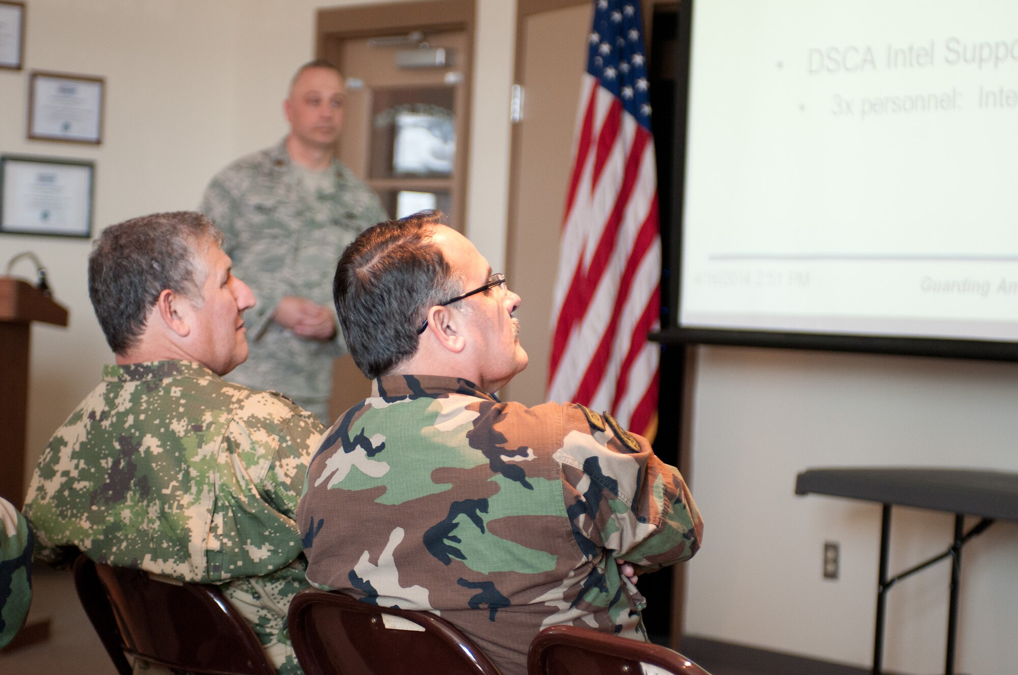 Col. James Lefavor hosts high-ranking Paraguayan officers and their aides on April 16, 2014 as they visit Otis Air National Guard base during their week-long trip to Massachusetts. Maj. Gen. Carlos Antonio Caballero Maidana and Brig. Gen. Aparicio Diego Zarate Vidal, of the Paraguayan Army and Air Force, were visiting Massachusetts as part of the State Partnership Program. The National Guard program pairs a state's National Guard with the armed forces or equivalent of a partner country in a cooperative, mutually beneficial relationship. (National Guard photo by Master Sgt. Aaron Smith / Released)