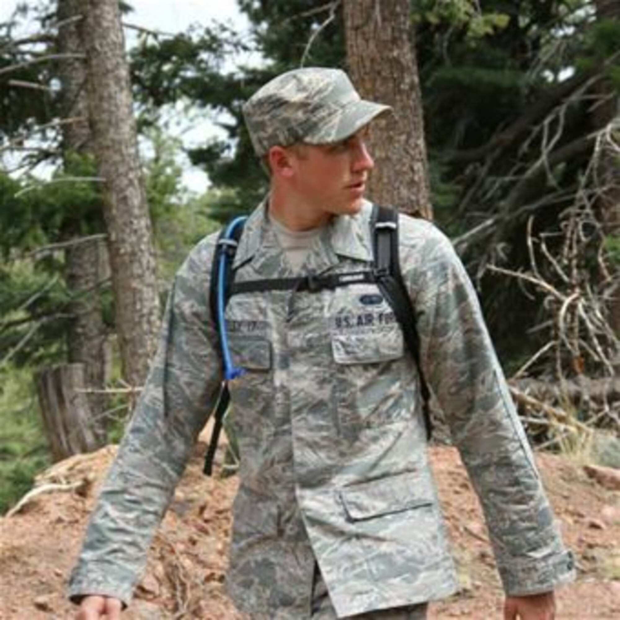 Cadet Fourth Class Evan Seeley, a former senior 606th Air Control Squadron communications systems technician at Spangdahlem Air Base, Germany, from Colorado Springs, Colo., participates in at the end of his year at the U.S. Air Force Academy preparatory school during a land navigation exercise in the outskirts of the base in 2013.  He is currently a student at the U.S. Air Force Academy, Colorado Springs, Colo., training to become an officer. (Courtesy Photo/Released)
