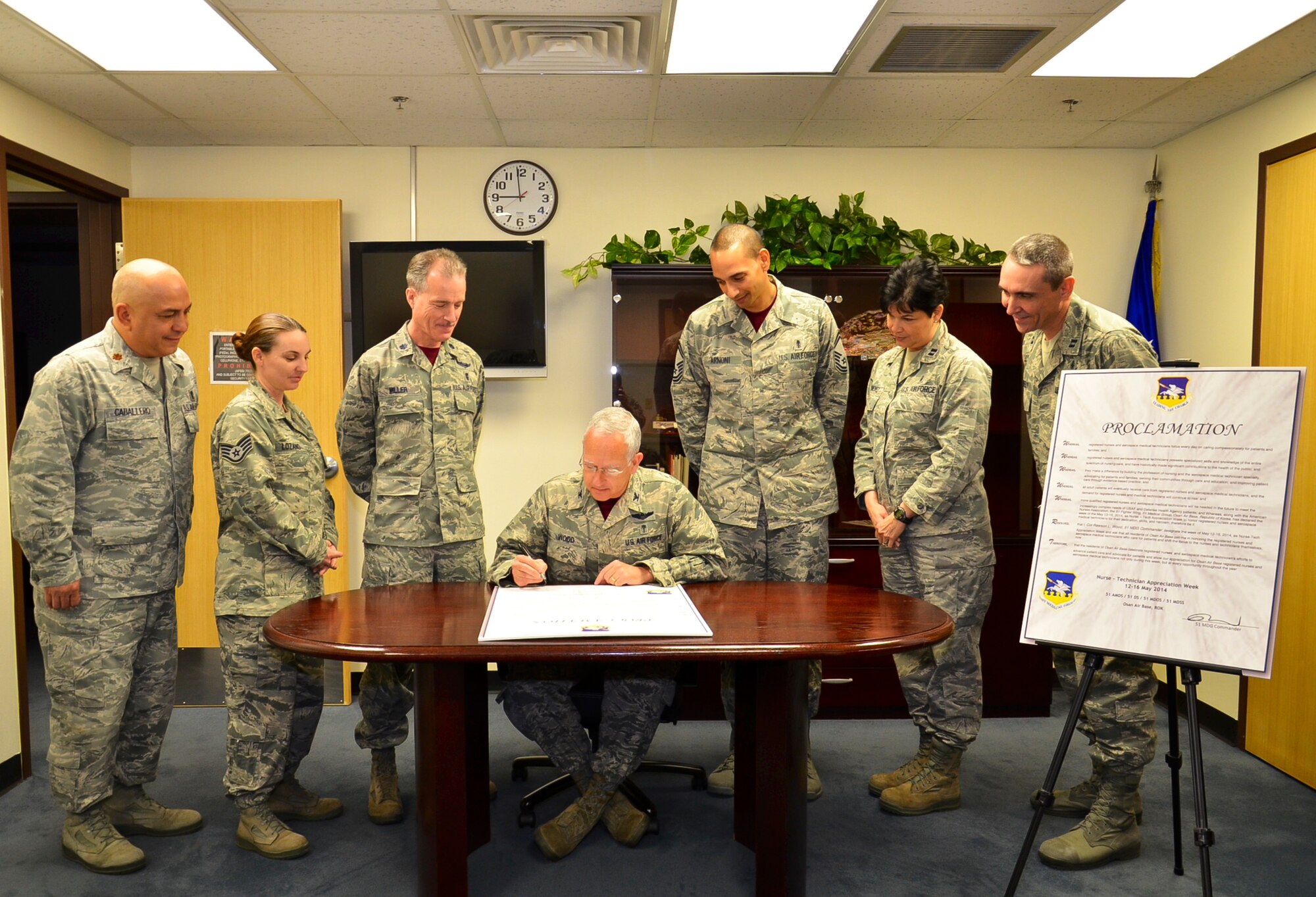 Col. Rawson L. Wood, 51st Medical Group commander, signed a proclamation on May 2, which declared May 12 to 16 Nurse and Medical Technician Appreciation Week at Osan Air Base. The theme for this event is “Nurses and Technicians Leading the Way!” (Courtesy photo)