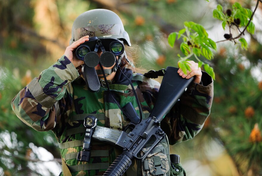 Staff Sgt. Lindsey Jaxel, 8th Security Forces Squadron augmentee, scans her sector for hostile threats during exercise Beverly Bulldog 14-2 at Kunsan Air Base, Republic of Korea, May 5, 2014. Jaxel and many other augmentees added another layer in the defense of the base during the peninsula-wide exercise enabling the “Defend the Base” mission. (U.S. Air Force photo by Senior Airman Armando A. Schwier-Morales/Released)
