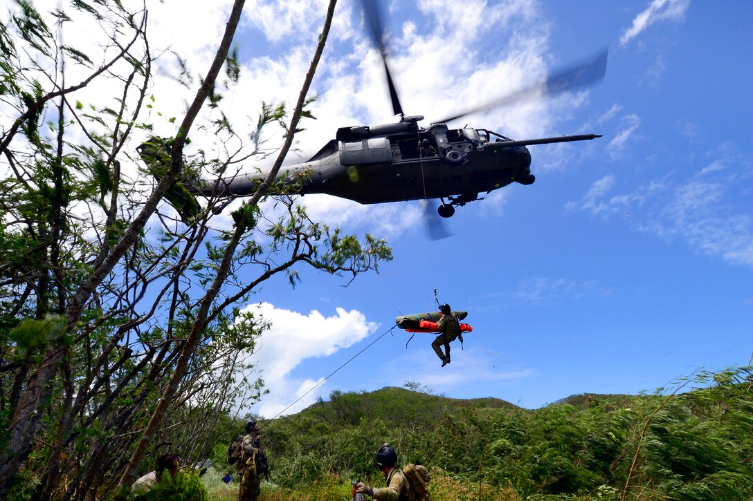 Air Force pararescuemen hoist a simulated casualty to a hovering HH-60G Pave Hawk helicopter during a training scenario on Marine Corps Training Area Bellows in Waimanalo, Hawaii, April 28, 2014.