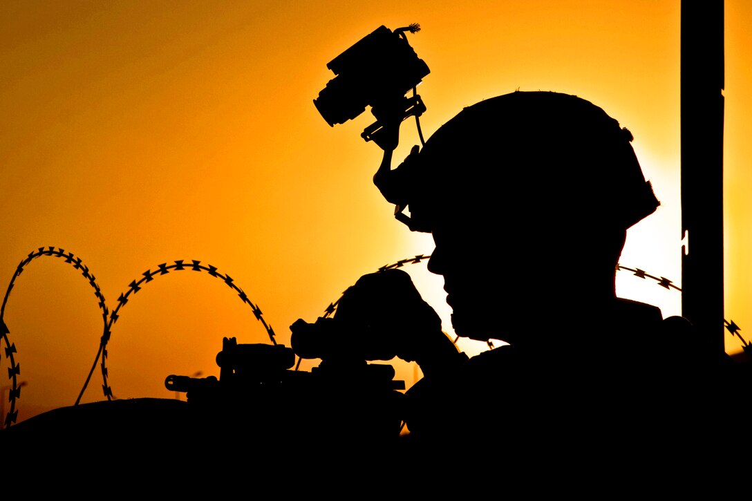 A U.S. soldier pulls security during a battle drill on Forward Operating Base Lightning in Paktia province, Afghanistan, Oct. 3, 2013.  