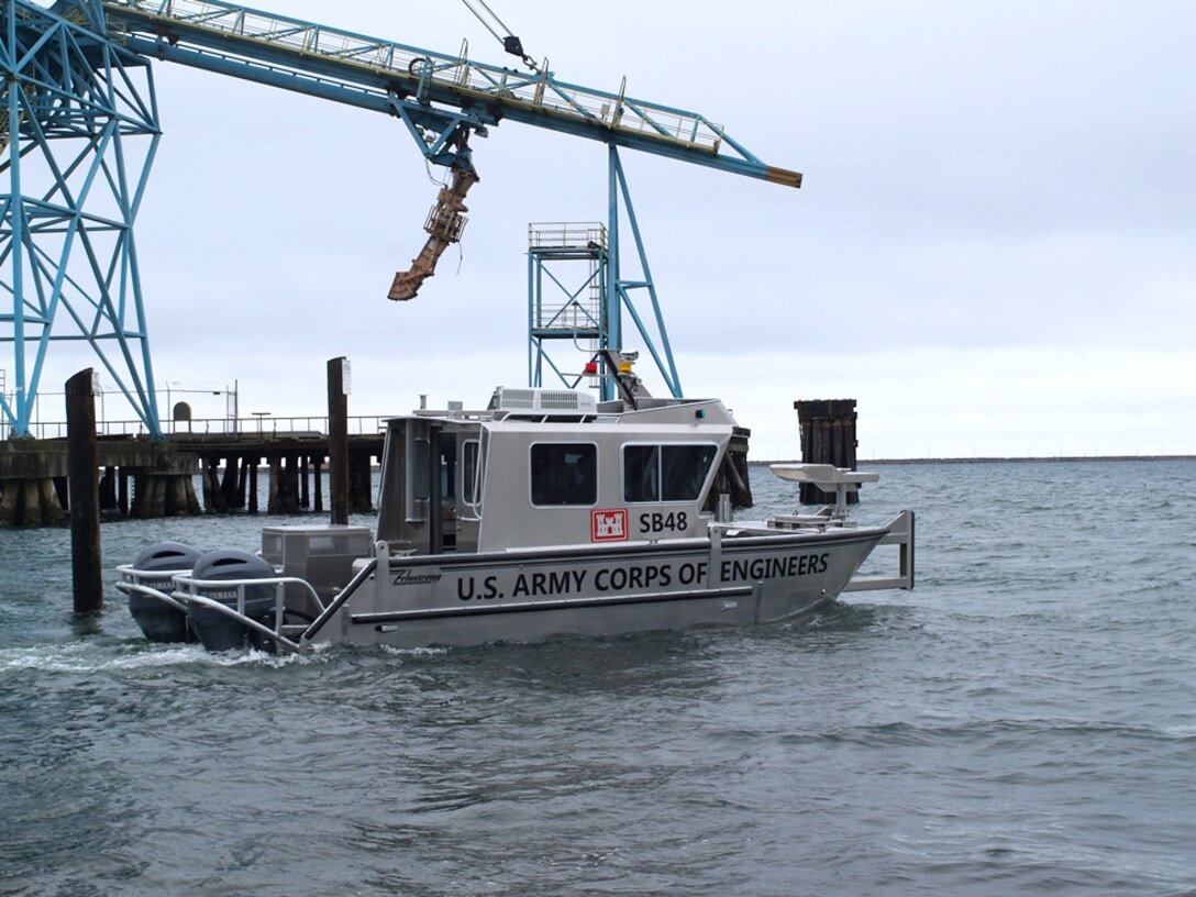 The new survey vessel SB-48 goes through some tests in advance of its delivery to Jacksonville District.  The boat replaced a 25-year-old vessel in the fleet, and will perform primarily near-shore and inland surveying missions in Florida.