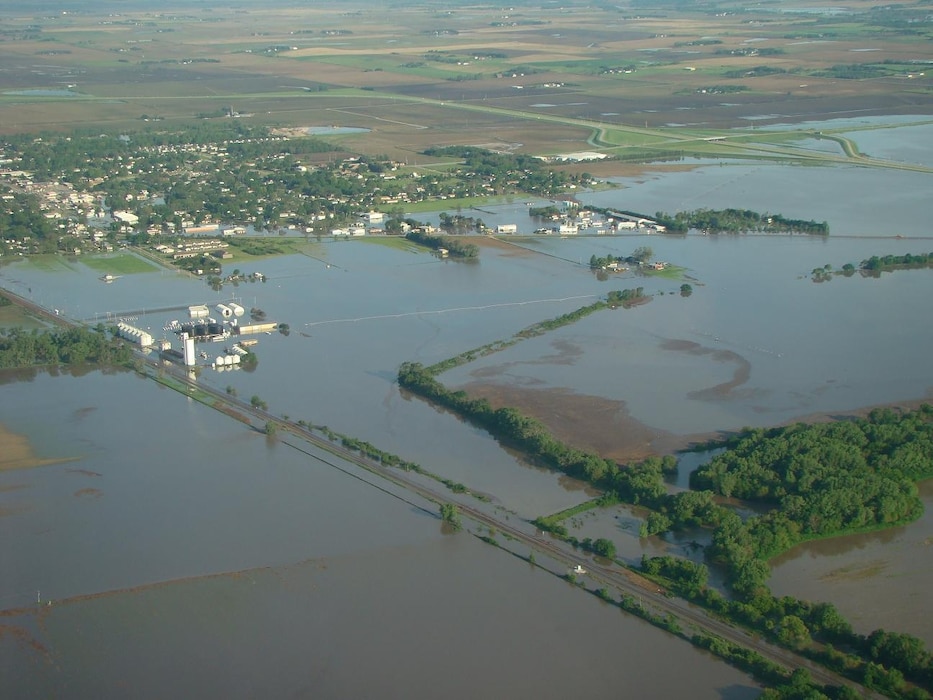 Aerial photo of Shell Creek flood taken on May 31, 2008 looking northwest from near the confluence with the Platte River.