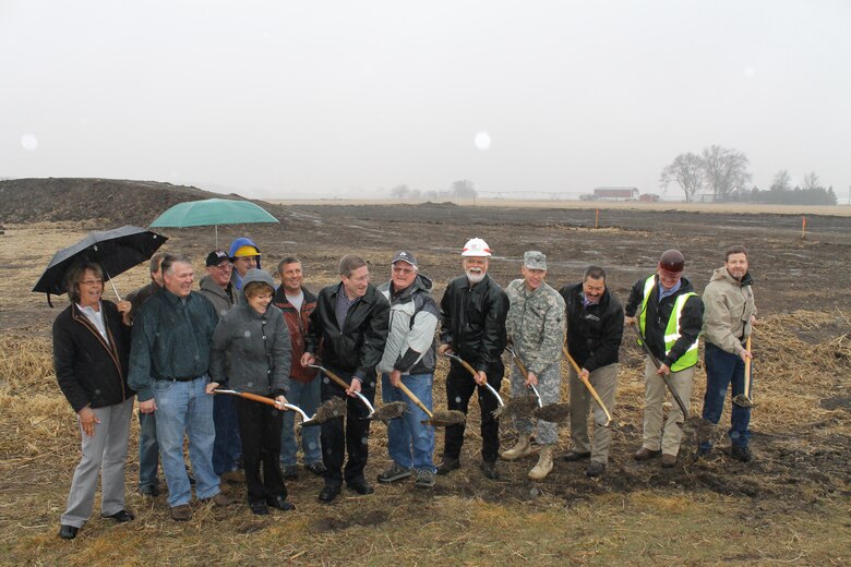 City officials, Omaha District Corps of Engineers and TJC Engineering participate in a groundbreaking ceremony for the Shell Creek levee construction project on March 27, 2014 in Schuyler, Nebraska.