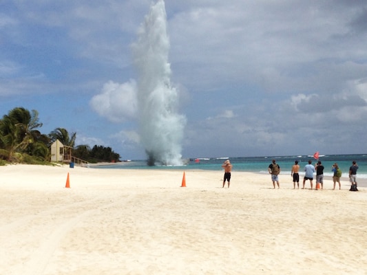 The U.S. Navy Explosive Ordnance Disposal team conducted a blow-in-place to dispose of a 100-pound munition found by a snorkeler in Flamenco Bay on the island of Culebra, Puerto Rico.