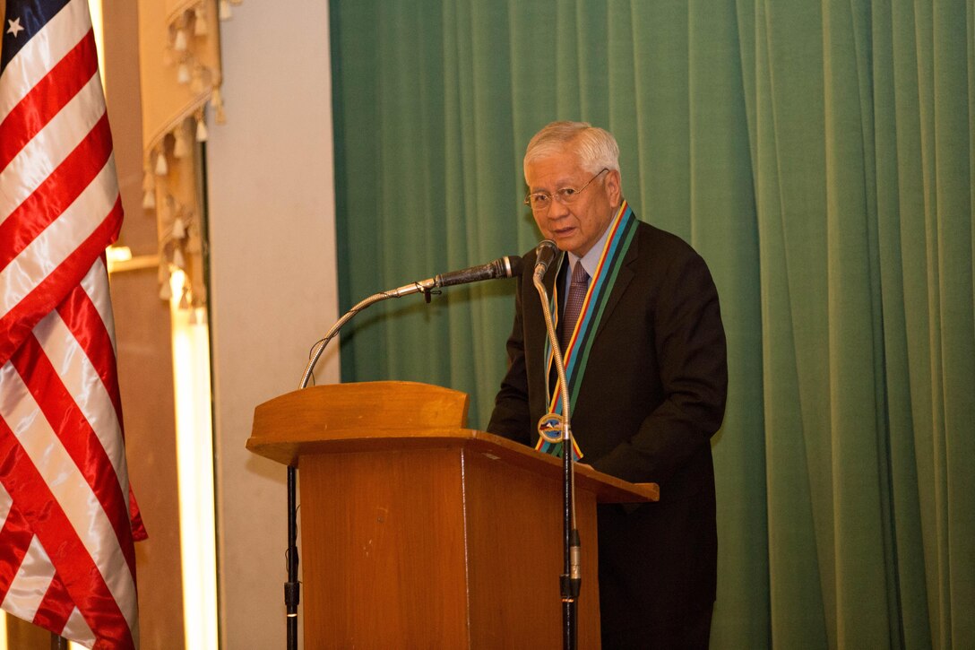 The honorable Albert F. del Rosario, the Philippine Secretary of Foreign Affairs, gives remarks at the exercise Balikatan 2014 opening ceremony here May 5. The ceremony marked the official start of the 30th iteration of Balikatan, an annual bilateral exercise which aims to increase interoperability and strengthen the Philippines-U.S. relationship.