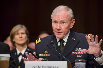 Army Gen. Martin E. Dempsey, right, chairman of the Joint Chiefs of Staff, testifies before the Senate Armed Services Committee in Washington, May 6, 2014.