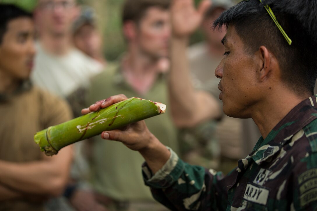 Philippine Army Tech. Sgt. Riden A. Dumalig is the first to drink cobra blood during jungle survival training for Australian and U.S. Special Operations Forces Soldiers at Fort Magsaysay, Philippines, May 5, 2014. Philippines, Australian and U.S. Special Operations Forces will be training together over the next three weeks during Balikatan 2014. The Armed Forces of the Philippines and U.S. have had a long-standing relationship and welcome the Australian Defence Forces increasing participation in Balikatan.