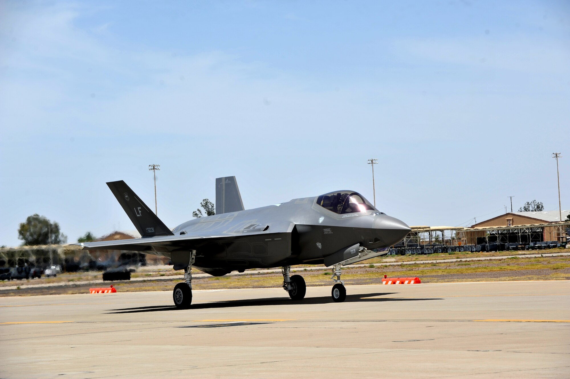 An F-35 Lightning II assigned to Luke Air Force Base prepares to launch May 6, 2014  during one of its first flights at the base. The jet took flight in its first sortie at Luke on May 5, 2014. (U.S. Air Force photo by Senior Airman Jason Colbert)