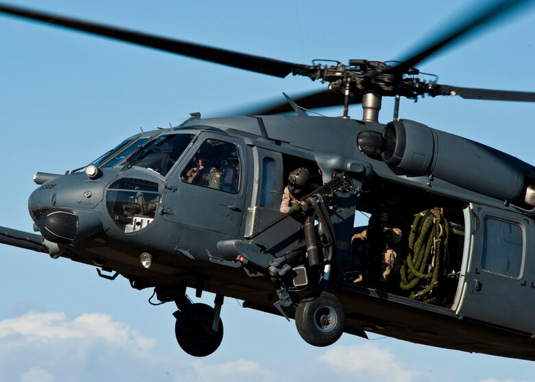 A U.S. Air Force HH-60 Pave Hawk assigned to Nellis Air Force Base, Nev. takes off during the USAF Weapons School terminal employment phase portion of the pilots training, April 28, 2014, at the Orchard Combat Training Center, Idaho.  The weapons school provides academic and advisory support to numerous units, enhancing air combat training for U.S. forces twice a year. (U.S. Air Force photo by Senior Airman Jason Couillard)